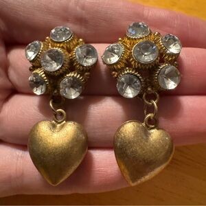 Brass Tone Chunky Rhinestone Heart Earrings